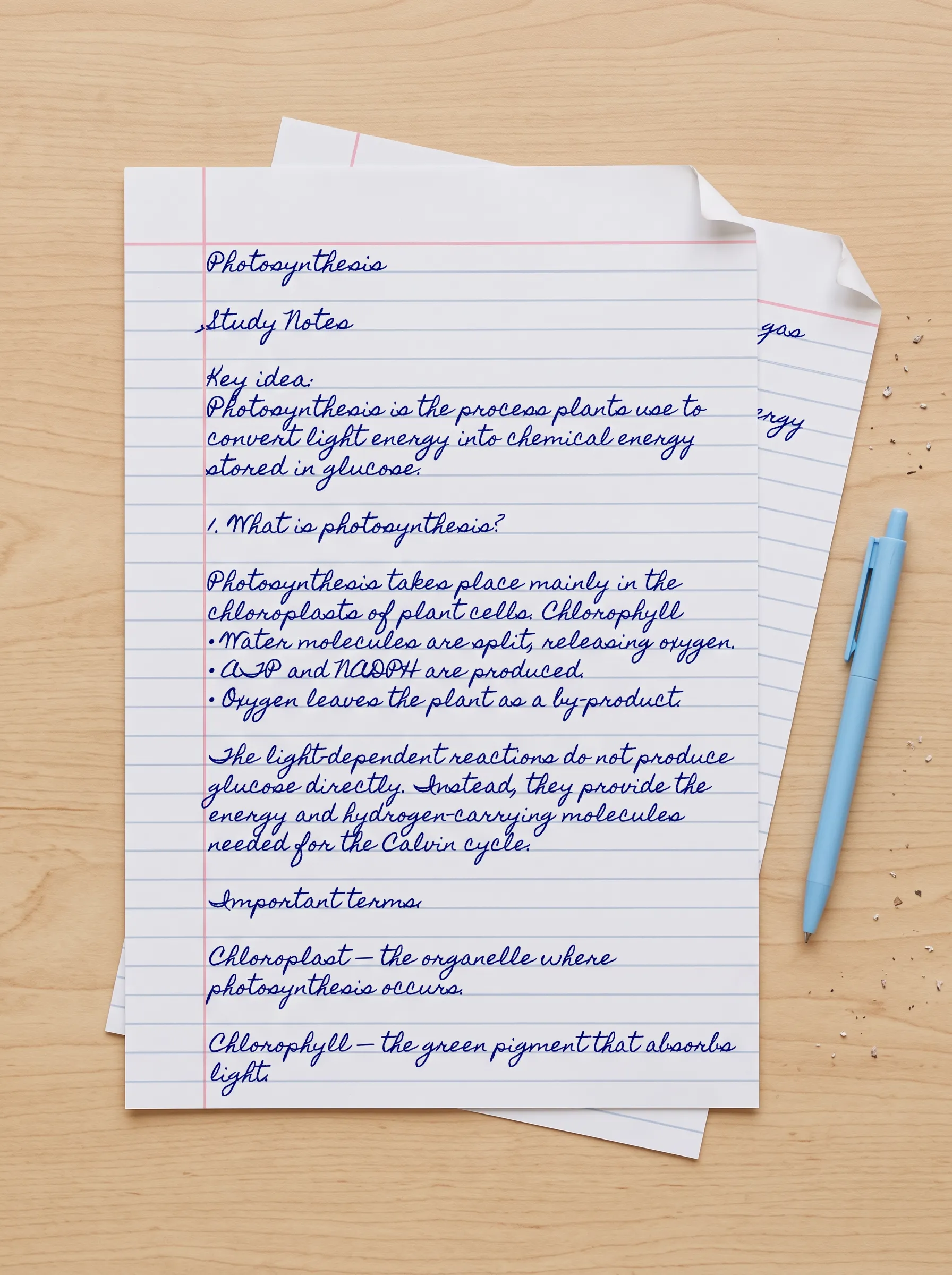 handwritten study notes on Cornell paper at a study desk