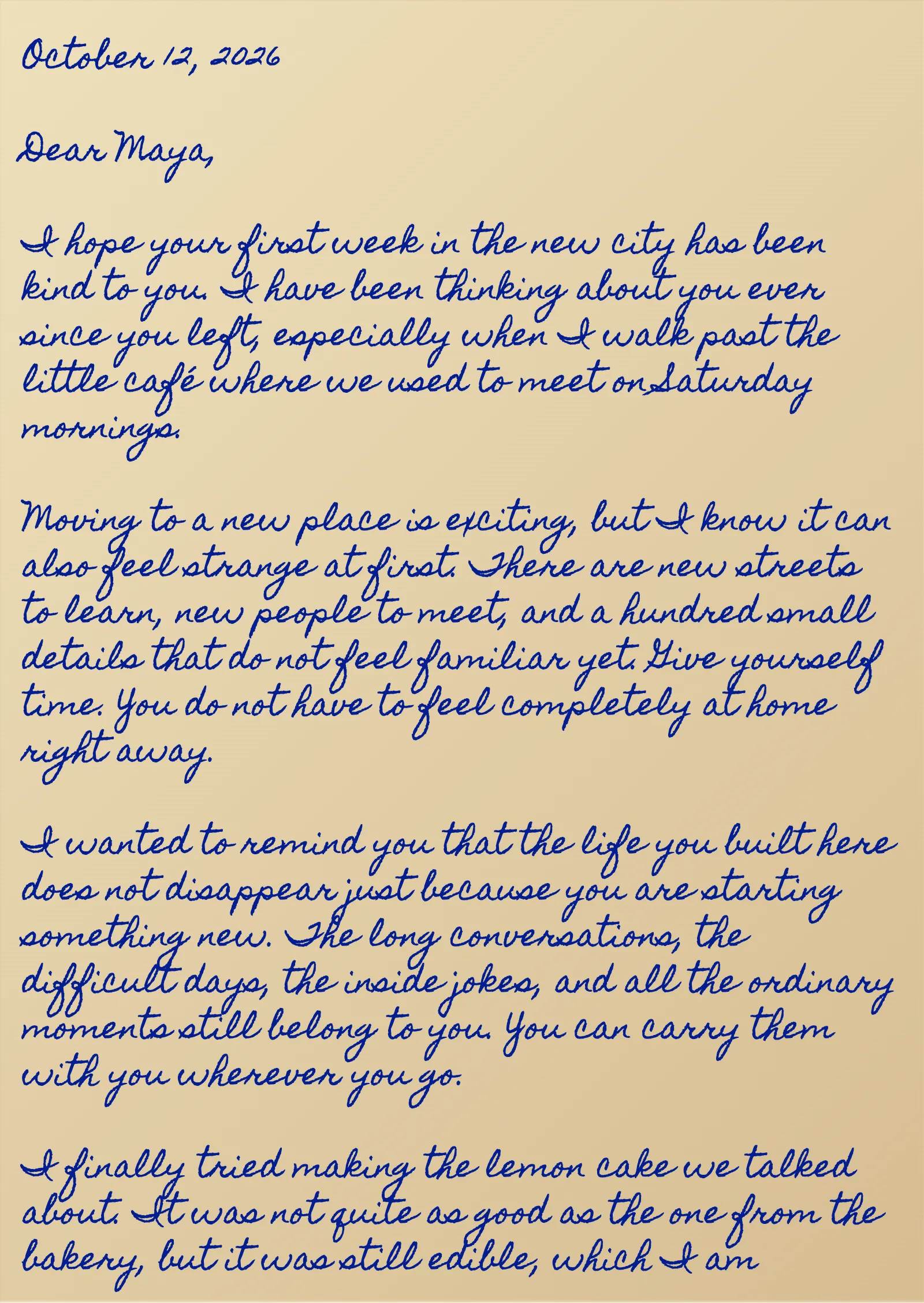 typed personal letter converted into a handwritten-style page