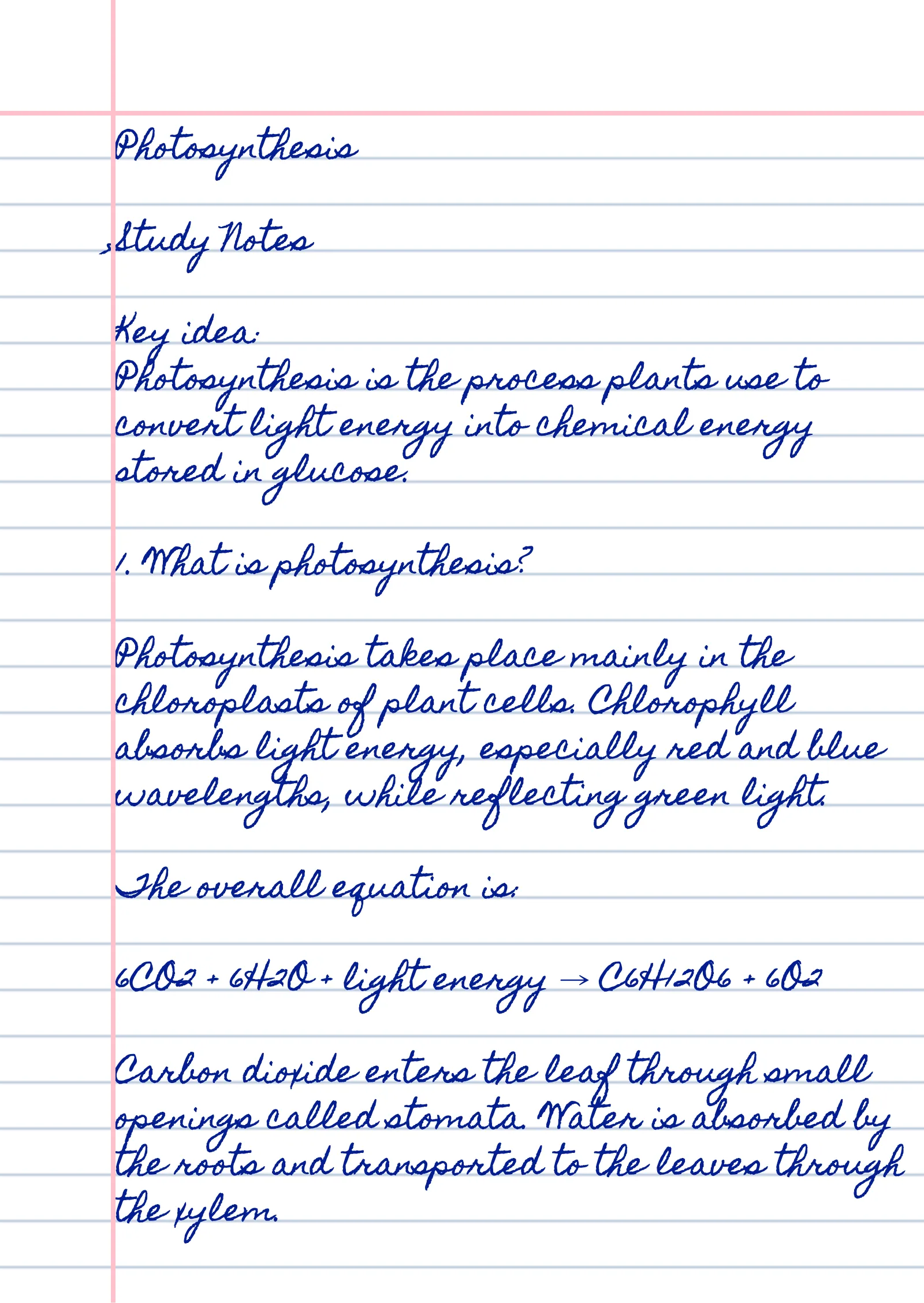 handwritten study notes generated from typed text on lined paper