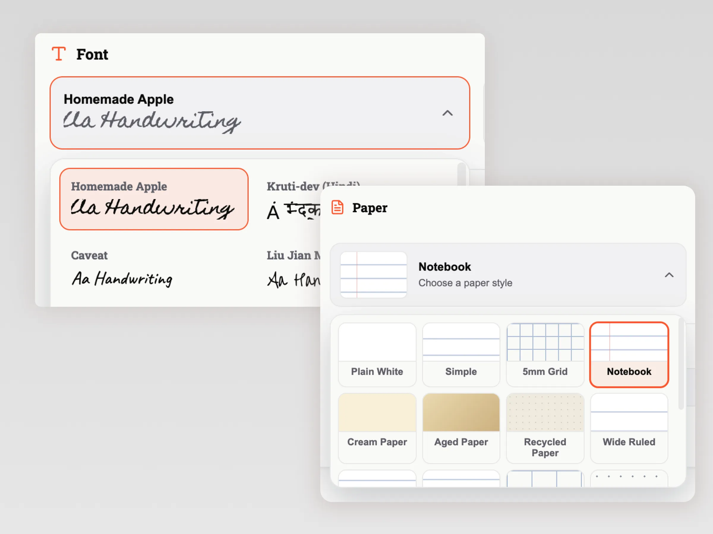 handwriting font and paper style options in a text to handwriting converter