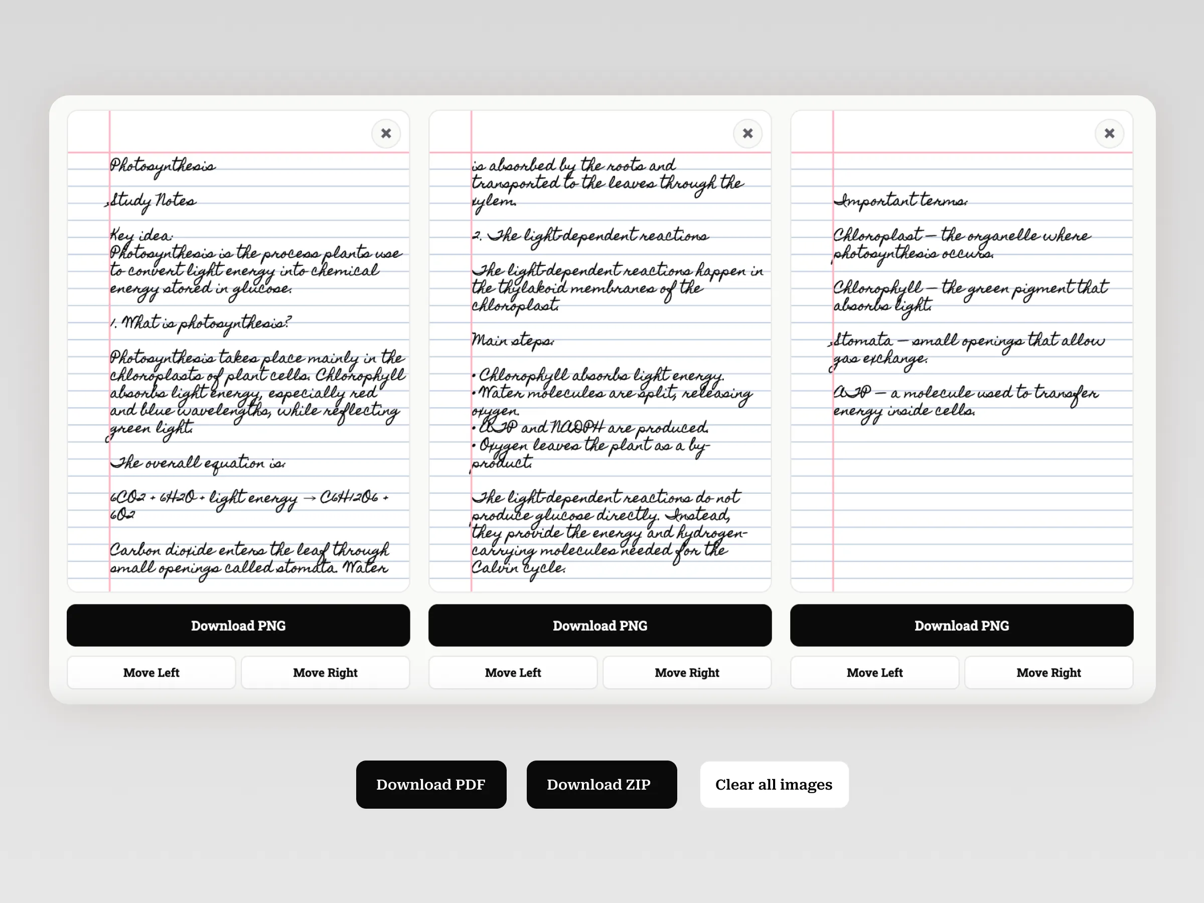 PNG PDF and ZIP export options for handwritten pages